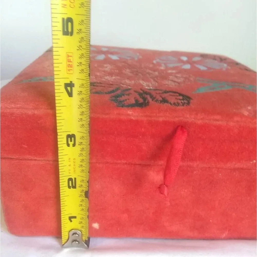Jewelry Keepsake Box Case Vtg Red‎ Velvet Embroidered 7.5 India Boho Rustic READ